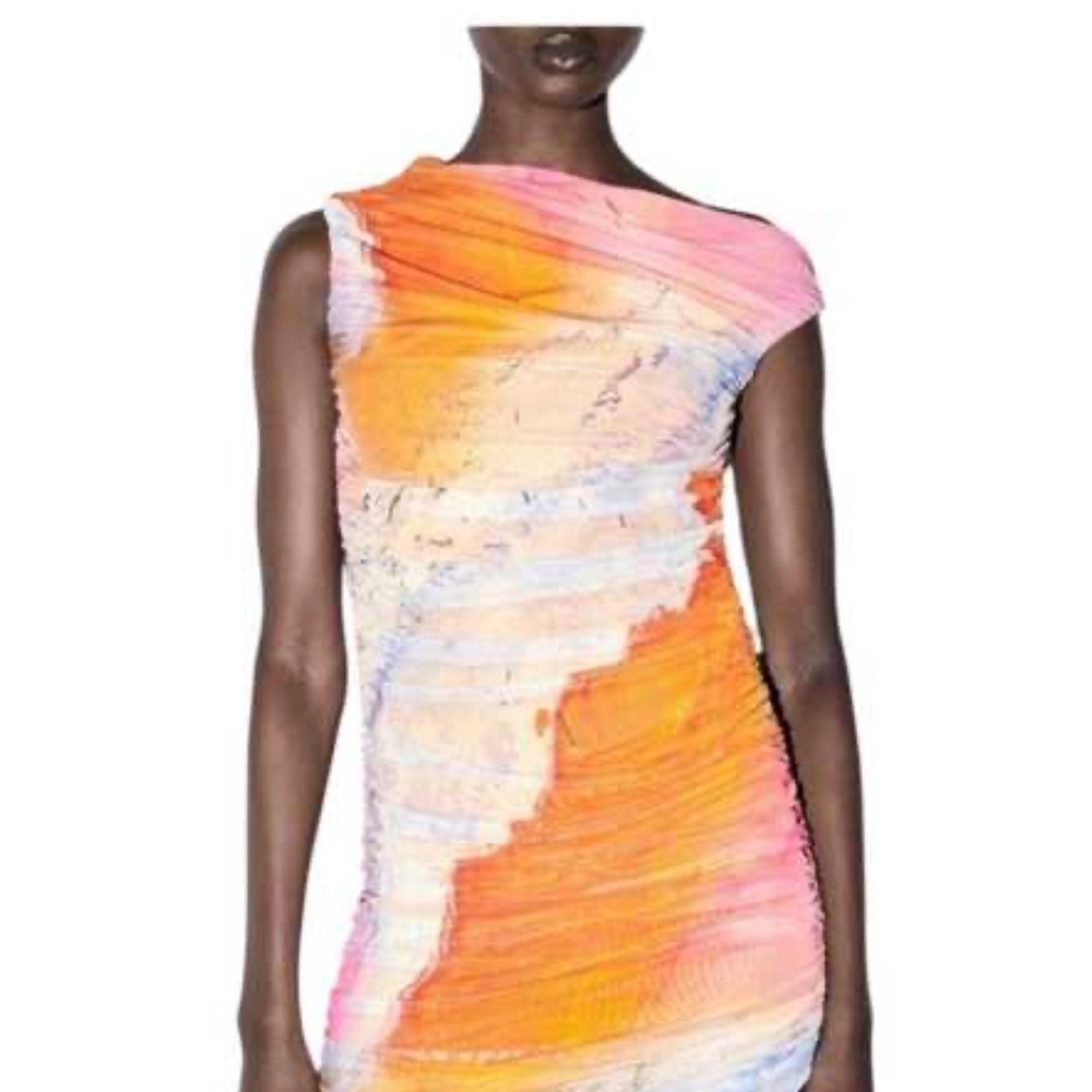 Zara Womens Ruched Mesh Mini Dress Abstract Sunset Watercolor Orange Pink medium